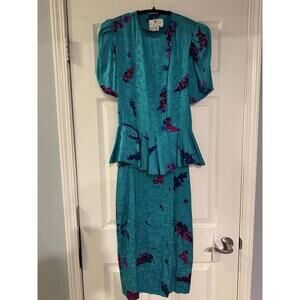 Vintage Flora Kung 80s/90s Silk Skirt Suit Set, Size 6